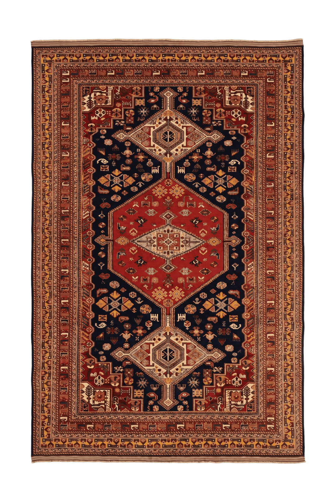 Navy and red Khamseh tribal Afghan Sherwan rug, hand-knotted wool