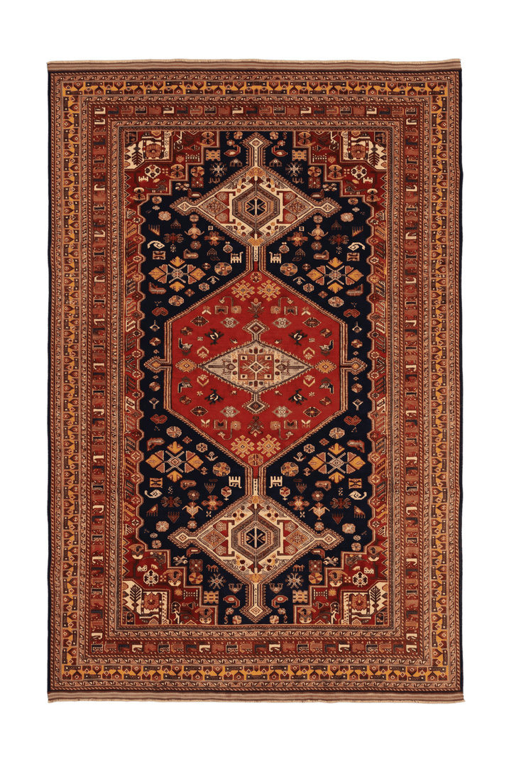 Navy and red Khamseh tribal Afghan Sherwan rug, hand-knotted wool
