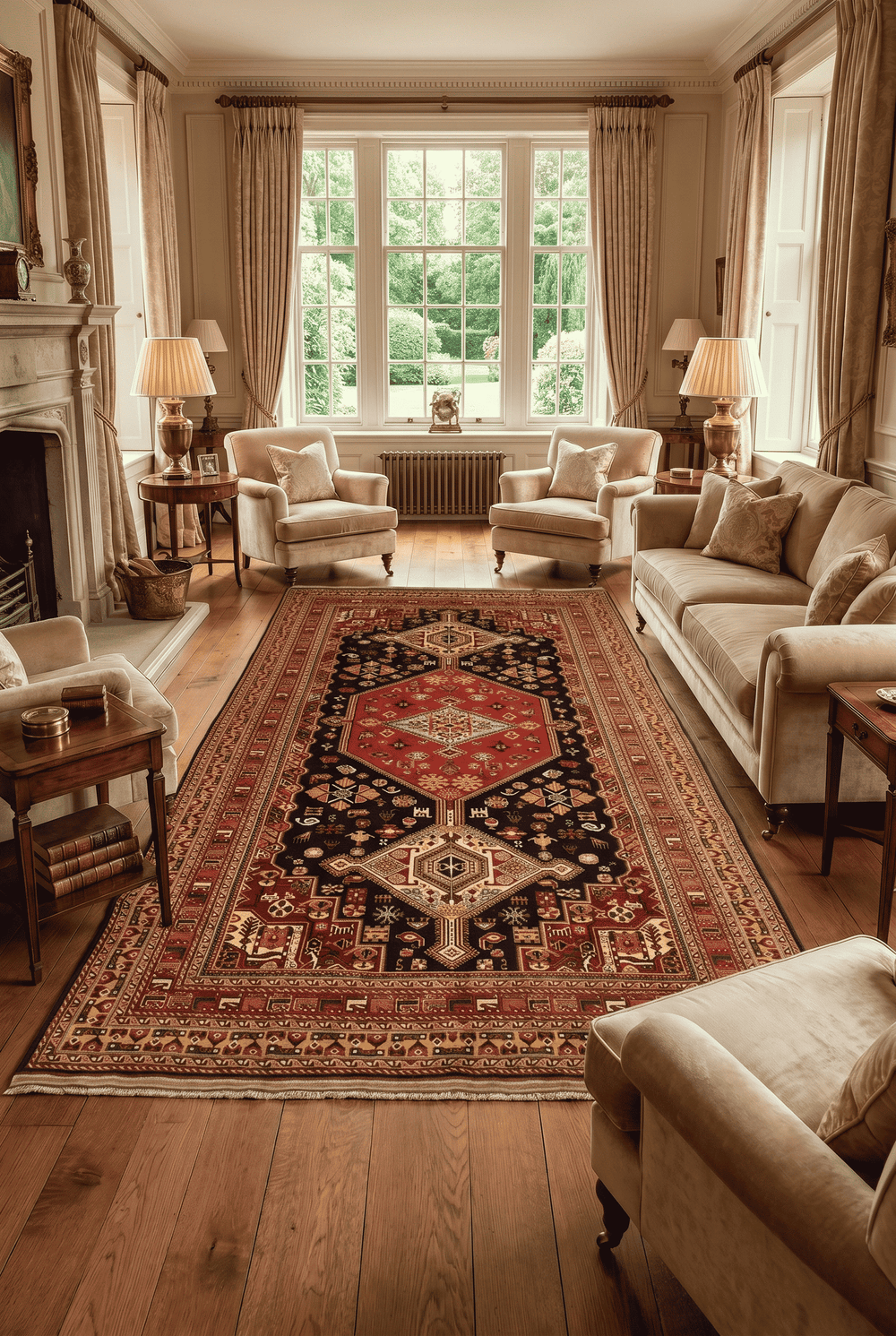 Khamseh tribal design in navy and red on Afghan Sherwan rug