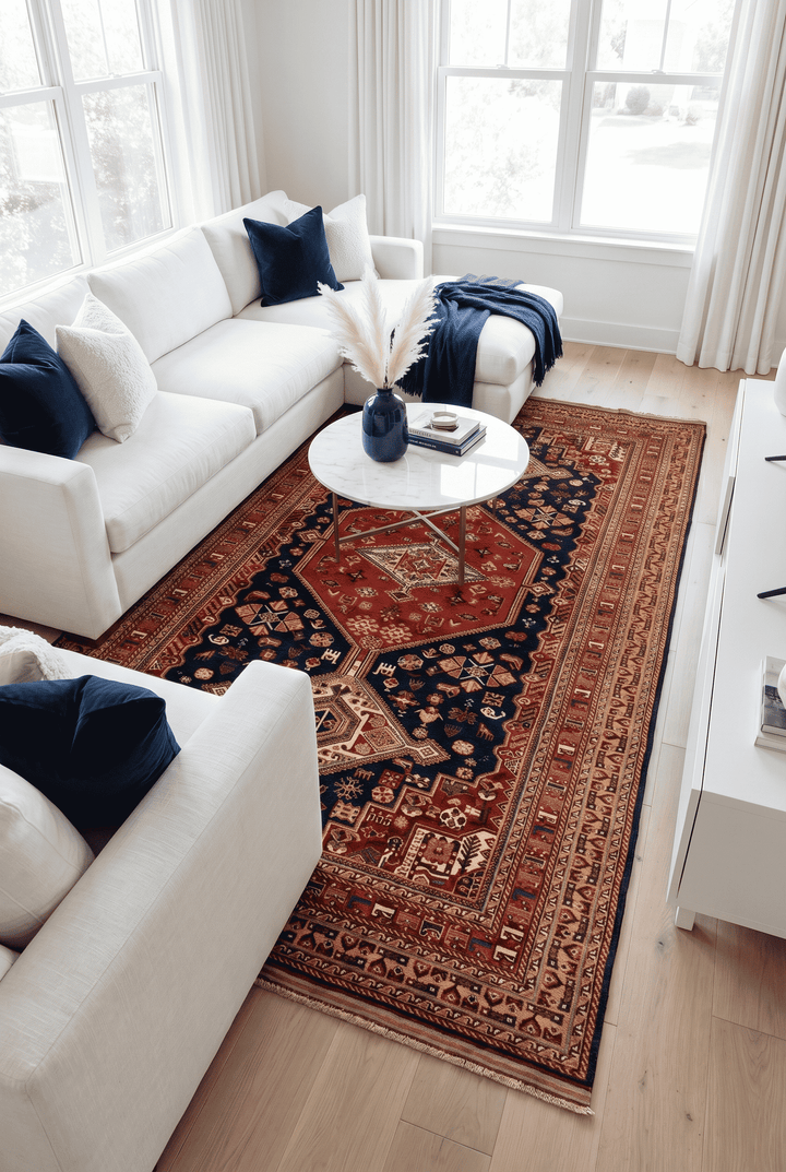 Border detail of navy and red Khamseh hand-knotted Afghan rug