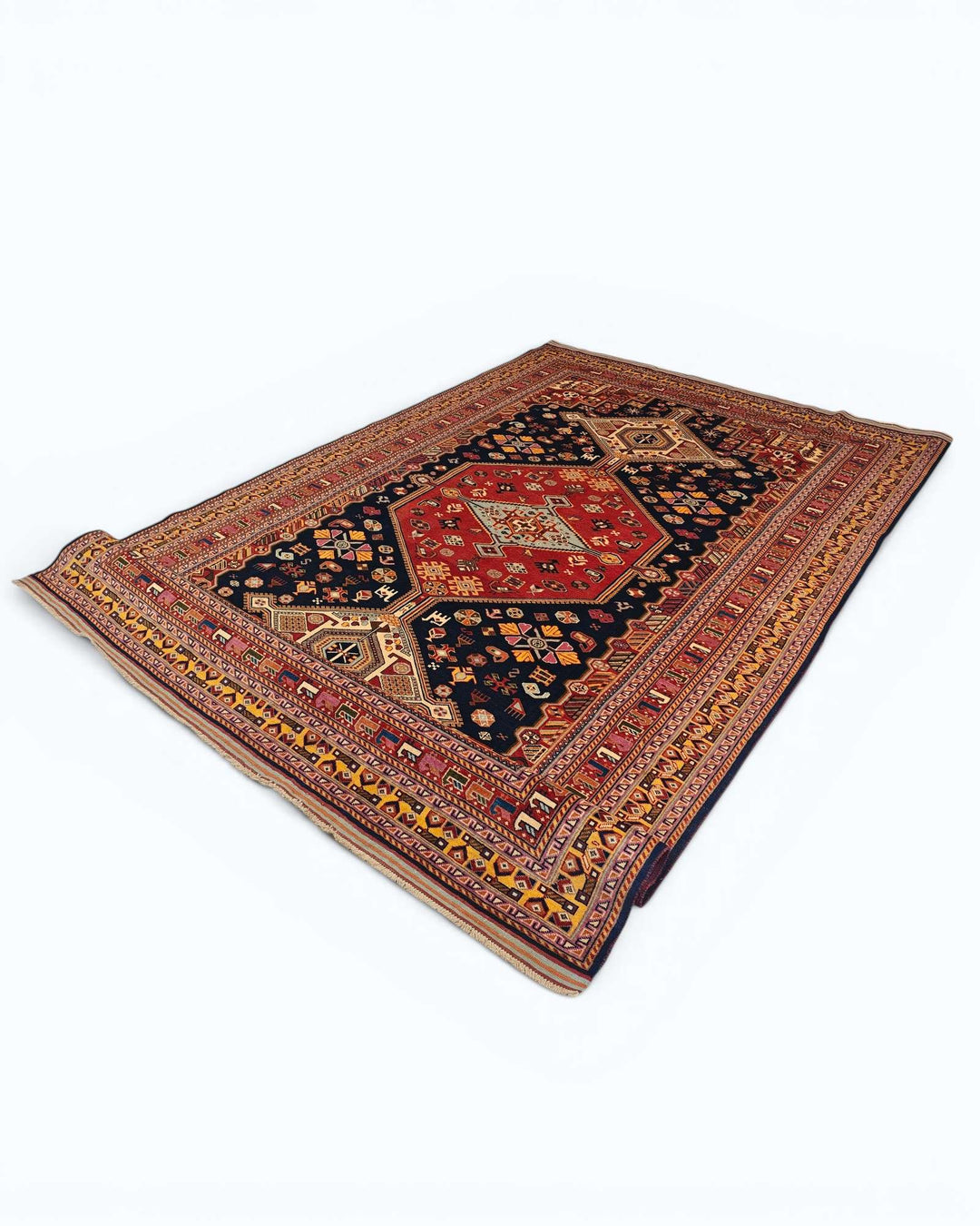Hand-knotted navy Afghan rug with Khamseh tribal motifs