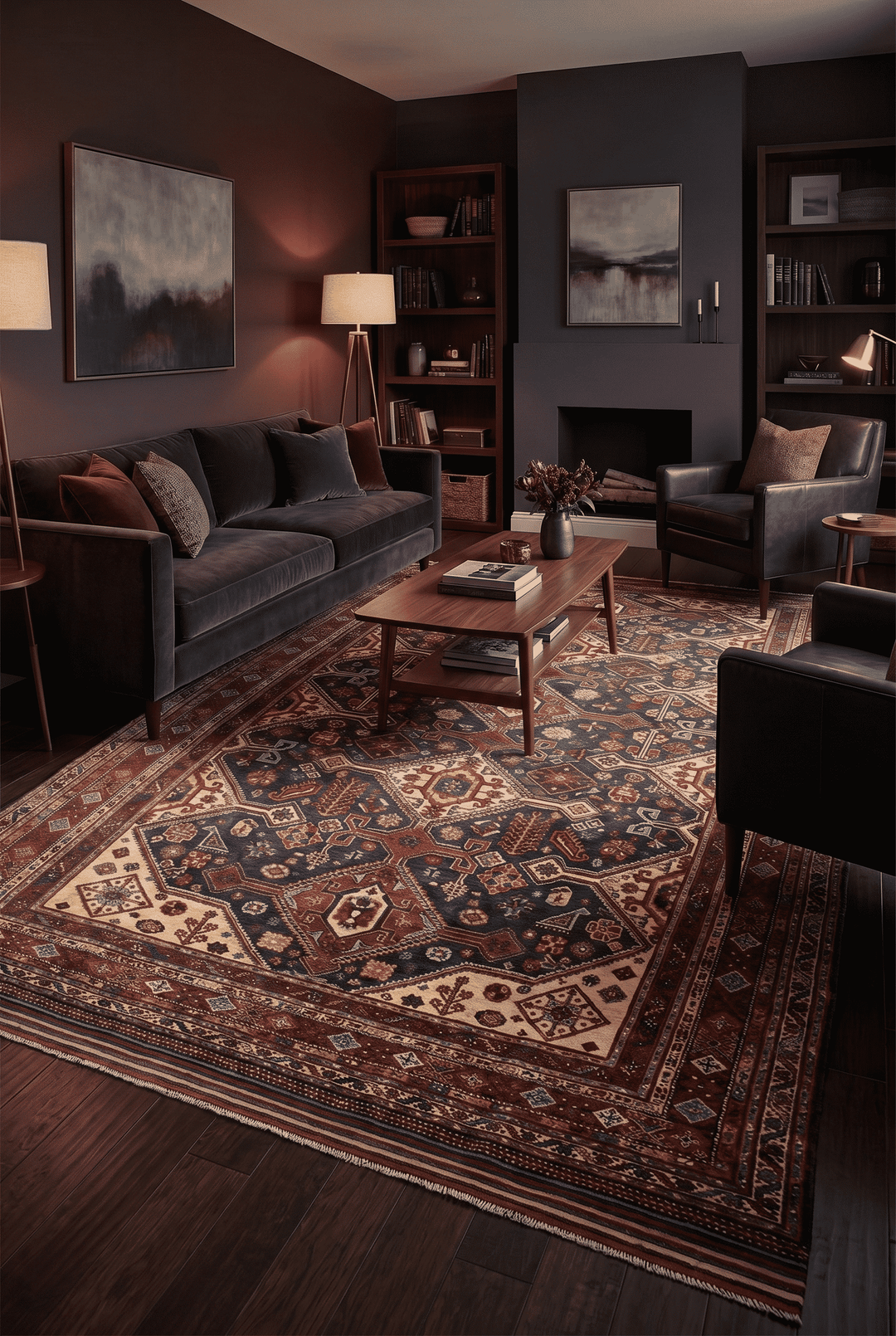 Shahsavan tribal design in navy and red on Afghan Sherwan rug