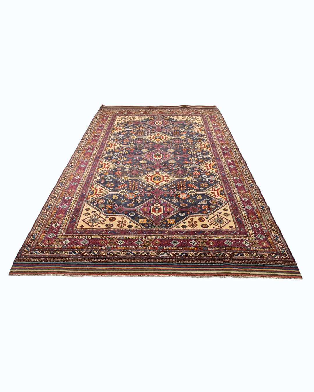 Hand-knotted wool pile of navy Shahsavan Afghan Sherwan rug