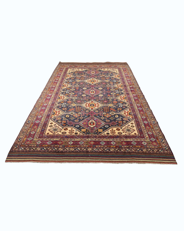 Hand-knotted wool pile of navy Shahsavan Afghan Sherwan rug