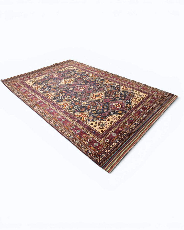 Shahsavan tribal rug in navy and red, hand-knotted Afghan wool