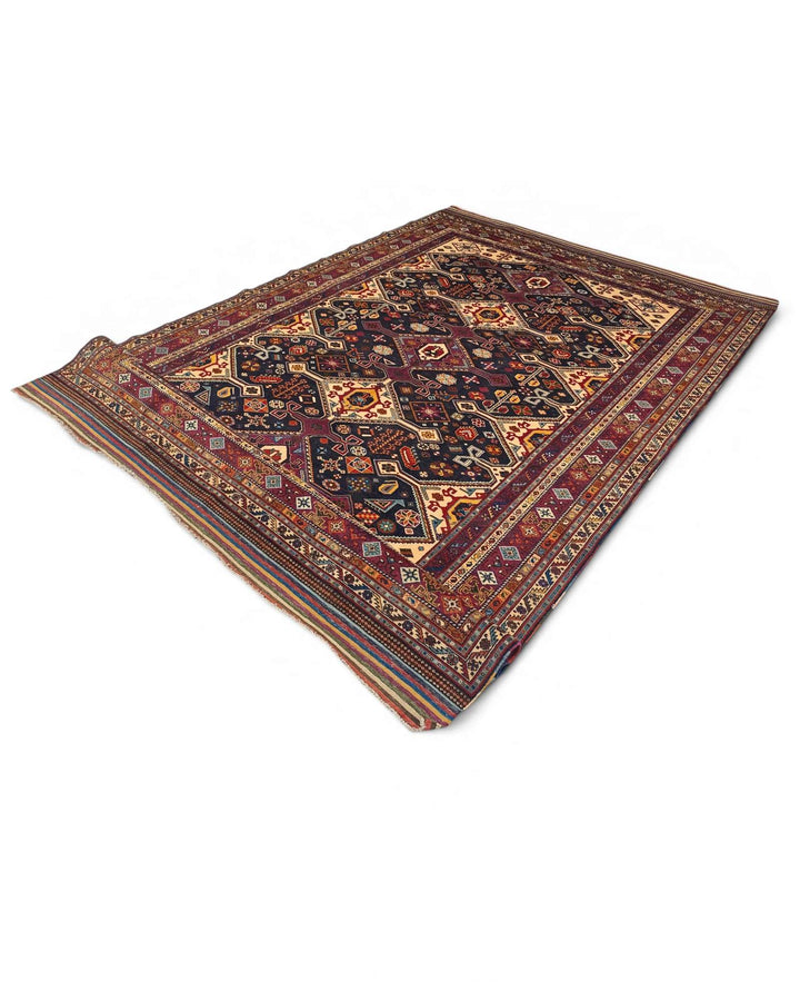 One-of-a-kind navy and red Shahsavan tribal Afghan rug
