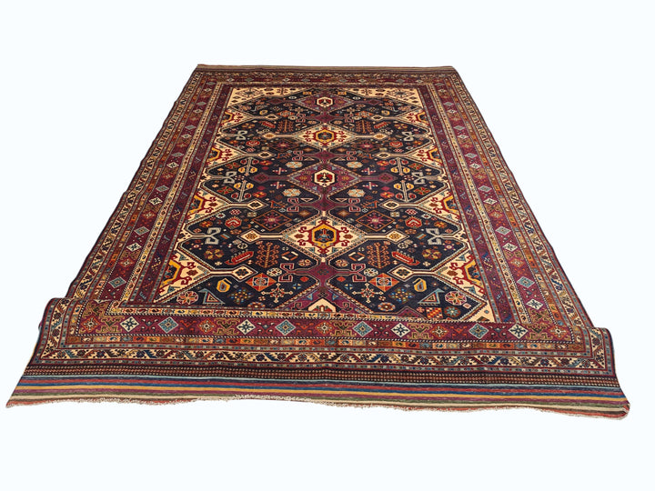 Hand-knotted navy Afghan rug with Shahsavan tribal motifs