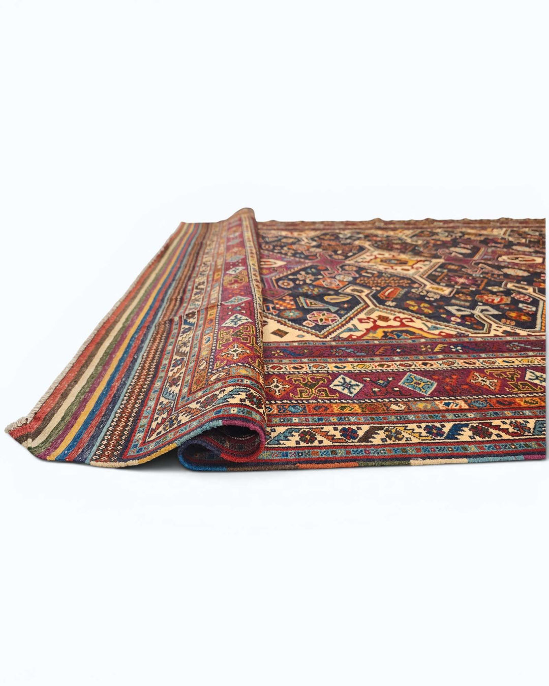 Corner of navy and red Shahsavan Afghan hand-knotted rug