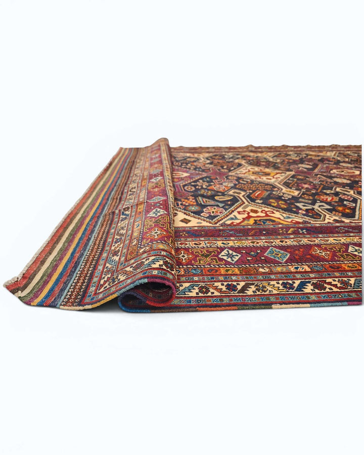 Corner of navy and red Shahsavan Afghan hand-knotted rug