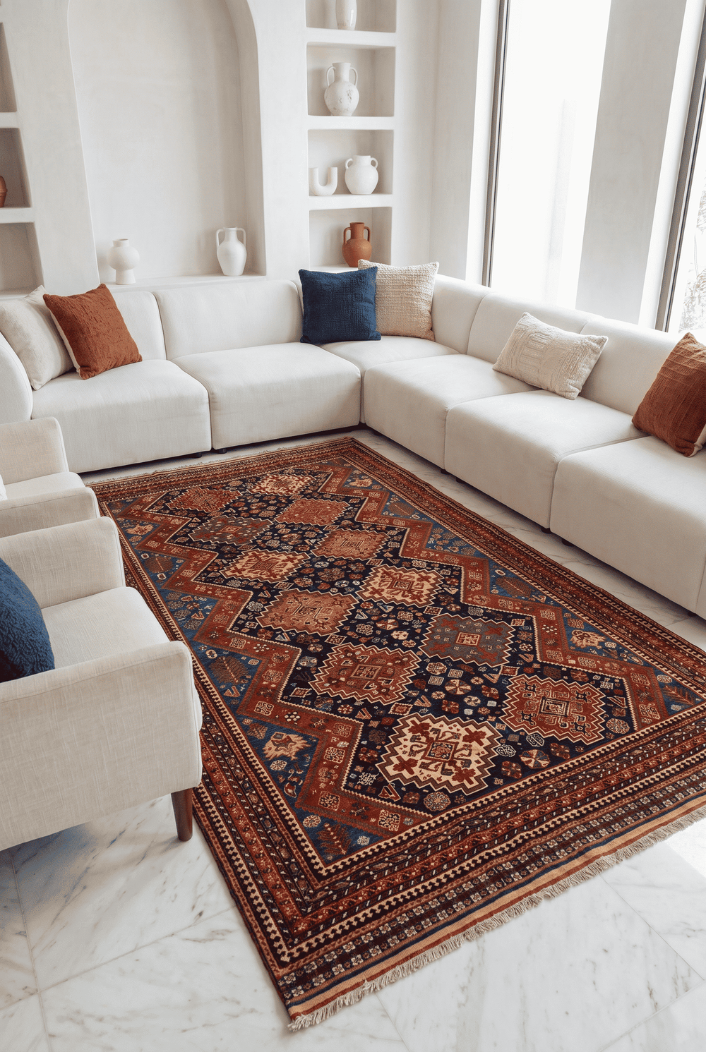 Kashkuli tribal design in navy and red on Afghan Sherwan rug