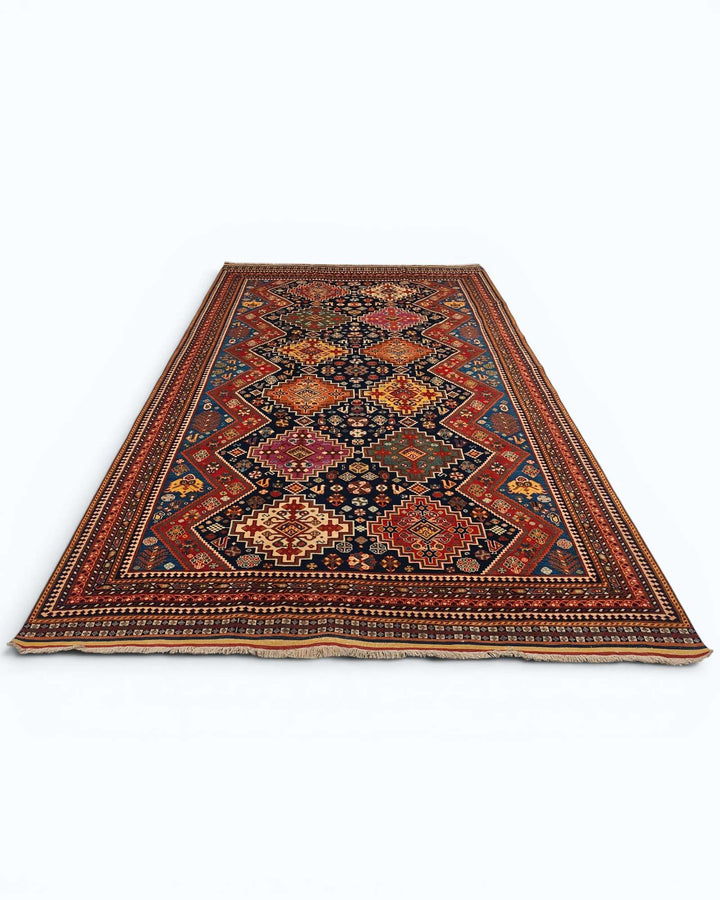 Hand-knotted wool pile of navy Kashkuli Afghan Sherwan rug