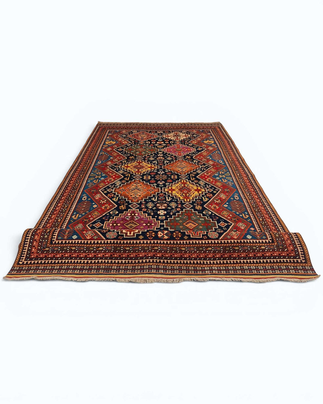 Hand-knotted navy Afghan rug with Kashkuli tribal motifs
