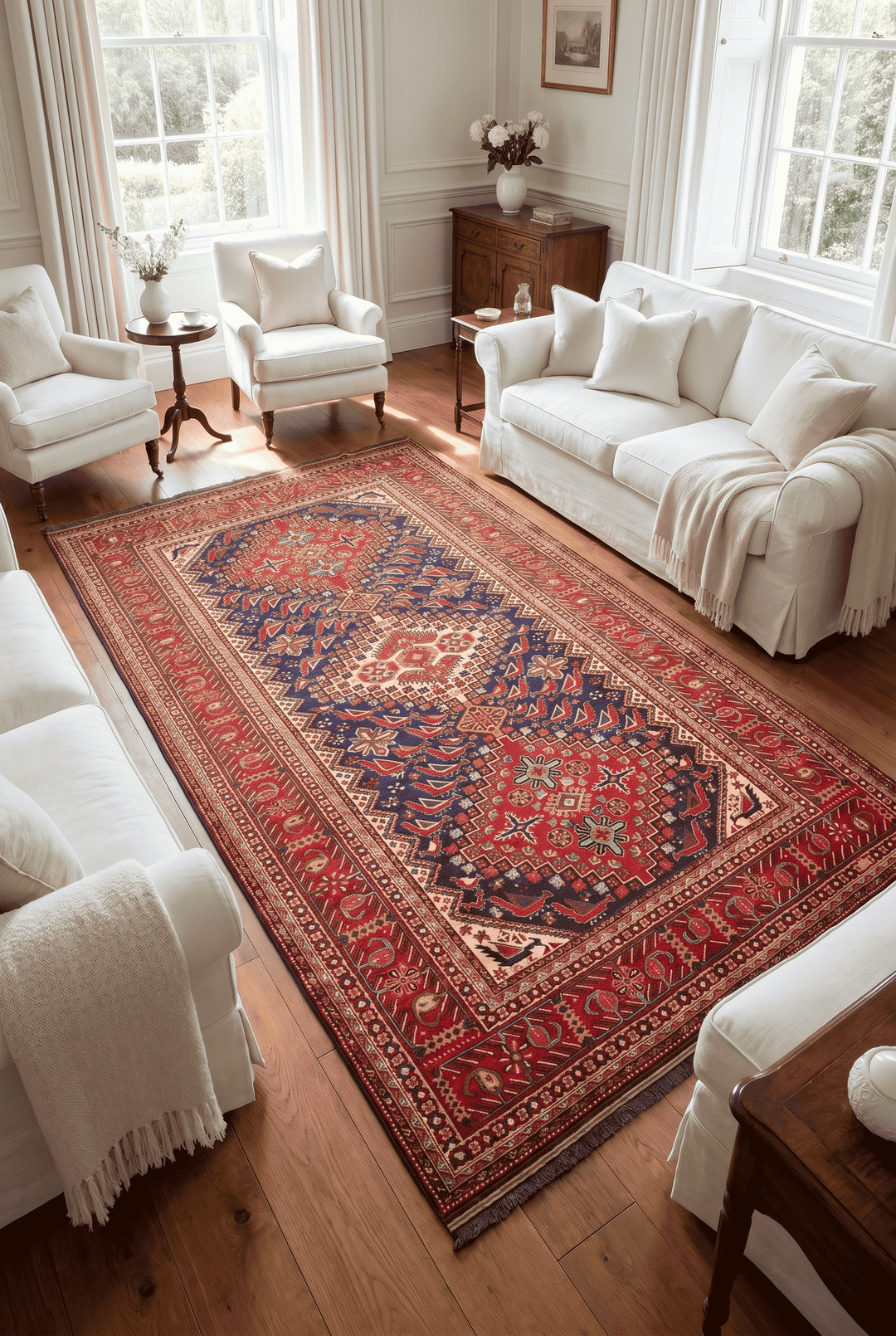 Akstafa Caucasian design in navy and red on Afghan Sherwan rug