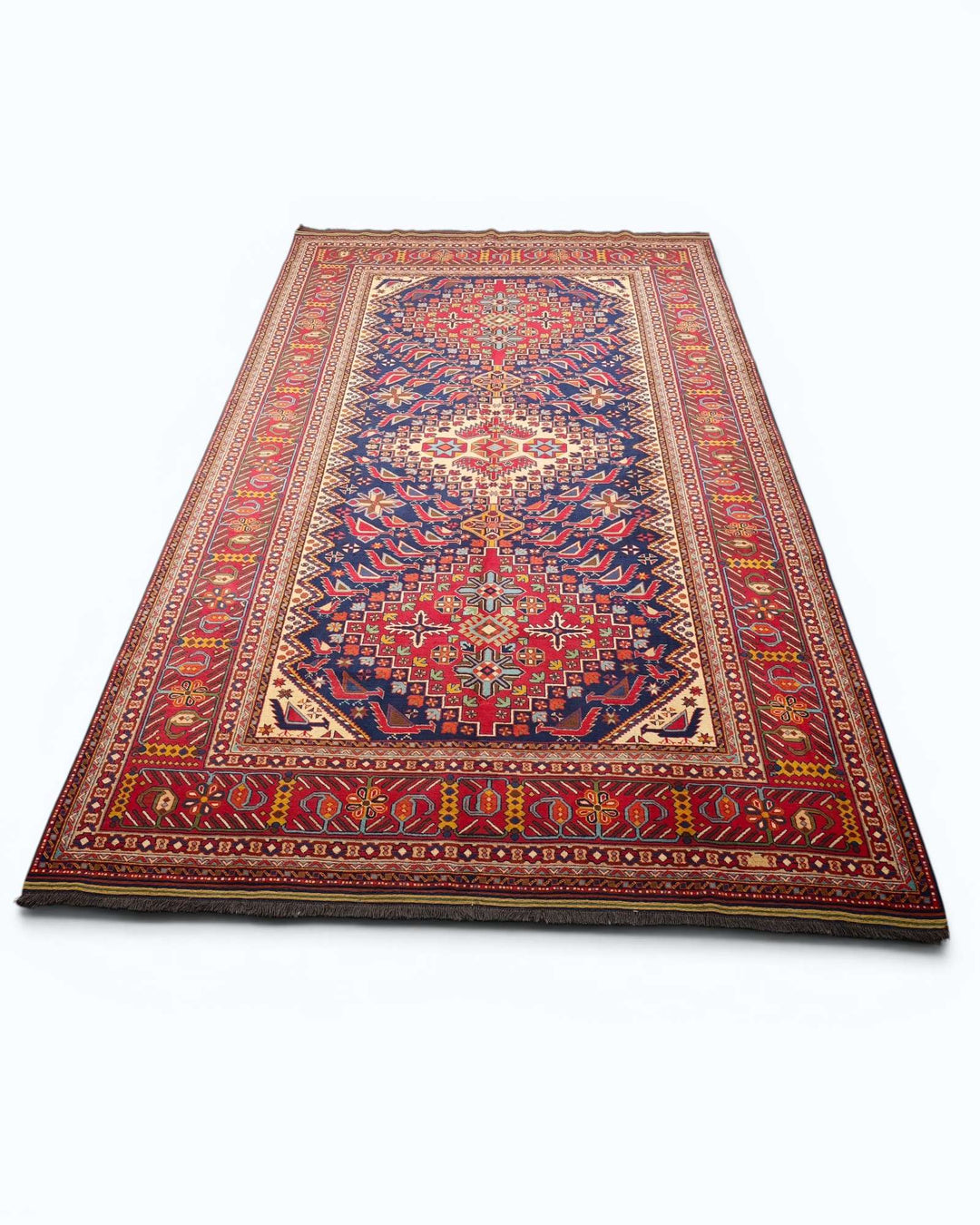 Hand-knotted wool pile of navy Akstafa Afghan Sherwan rug