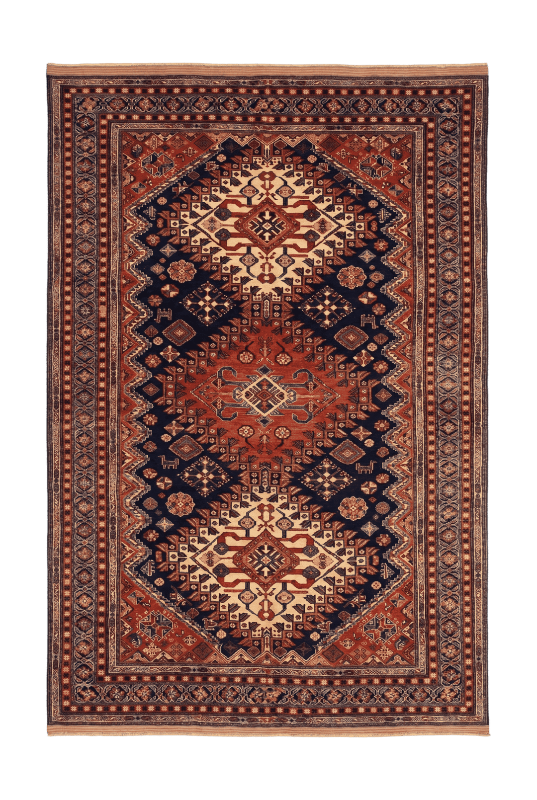 Navy and red Yalameh tribal Afghan Sherwan rug, hand-knotted wool