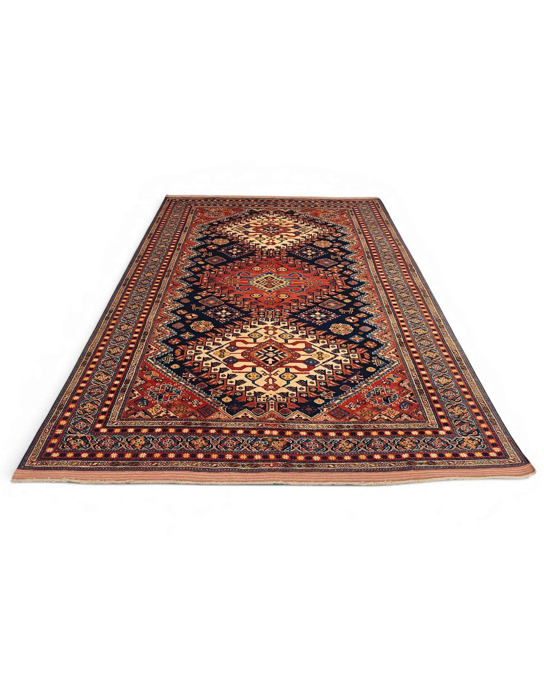 Hand-knotted wool pile of navy Yalameh Afghan Sherwan rug