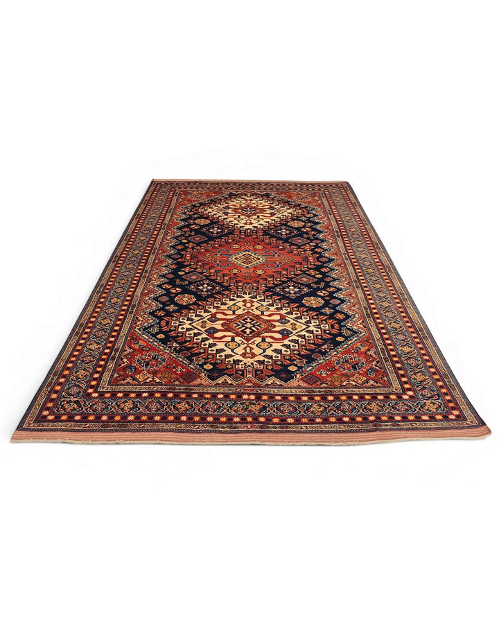 Hand-knotted wool pile of navy Yalameh Afghan Sherwan rug