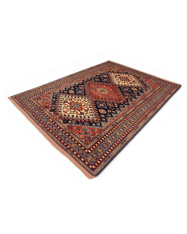 Yalameh tribal rug in navy and red, hand-knotted Afghan wool