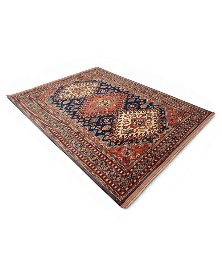 One-of-a-kind navy and red Yalameh Afghan Sherwan rug