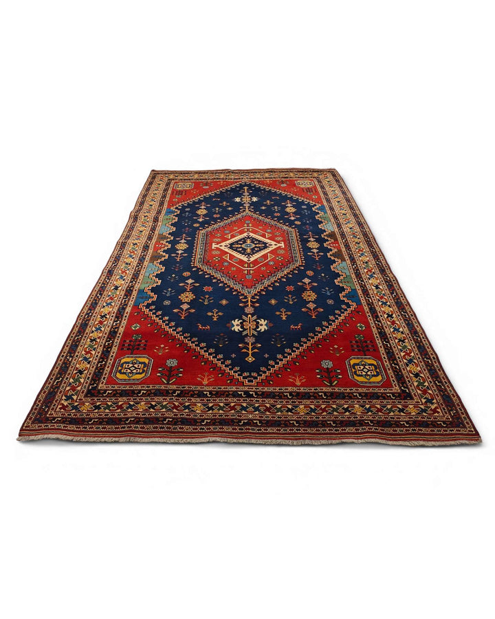 Afshar medallion rug in navy and red, hand-knotted Afghan wool