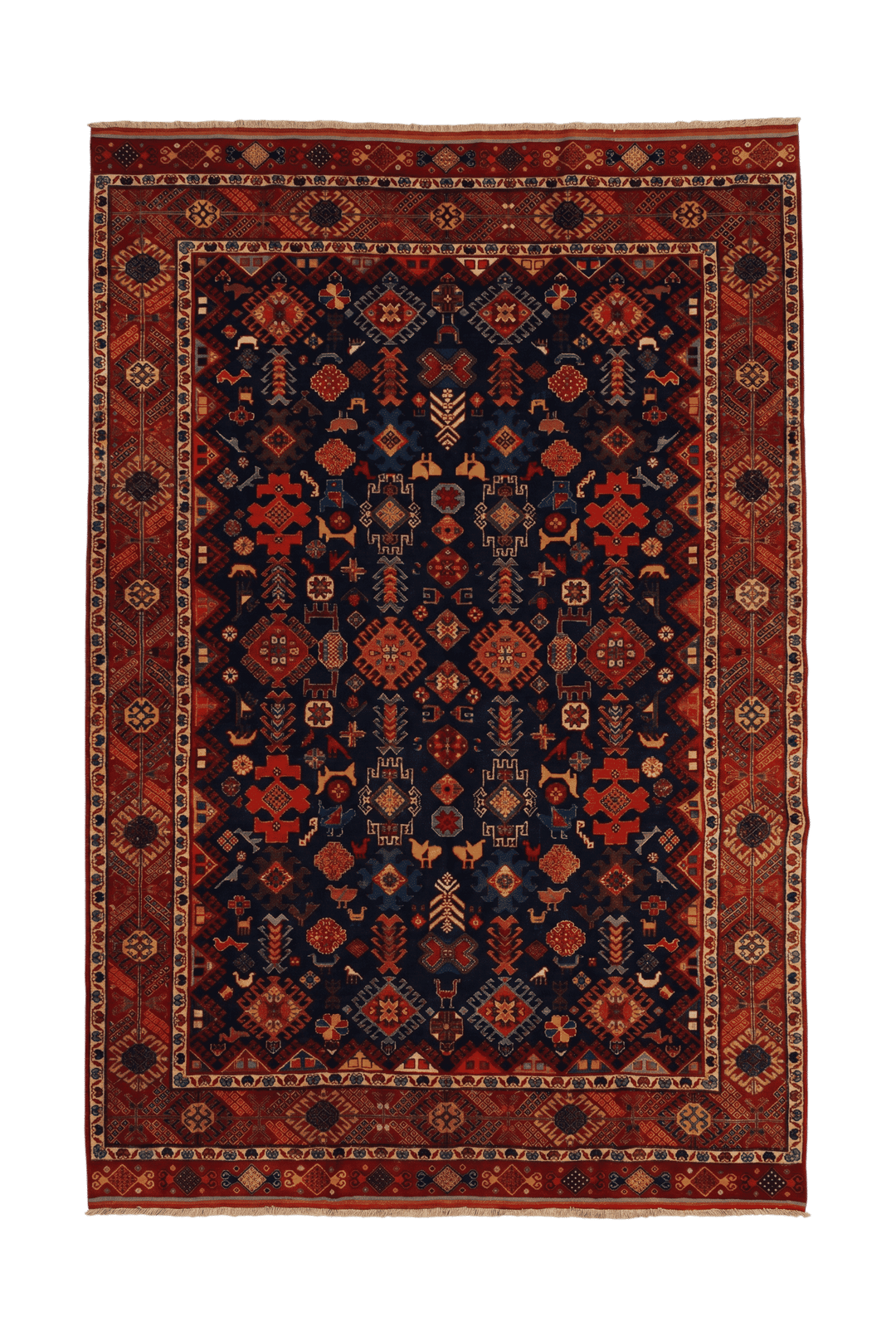 Navy and red Shemakha Afghan Sherwan rug, hand-knotted wool