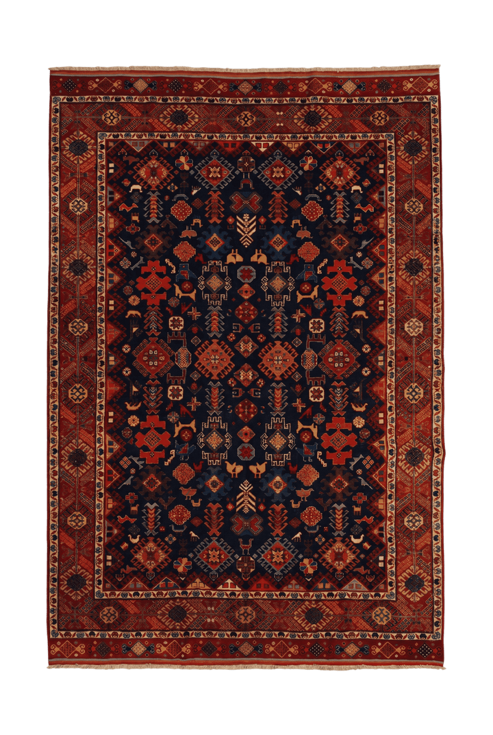 Navy and red Shemakha Afghan Sherwan rug, hand-knotted wool