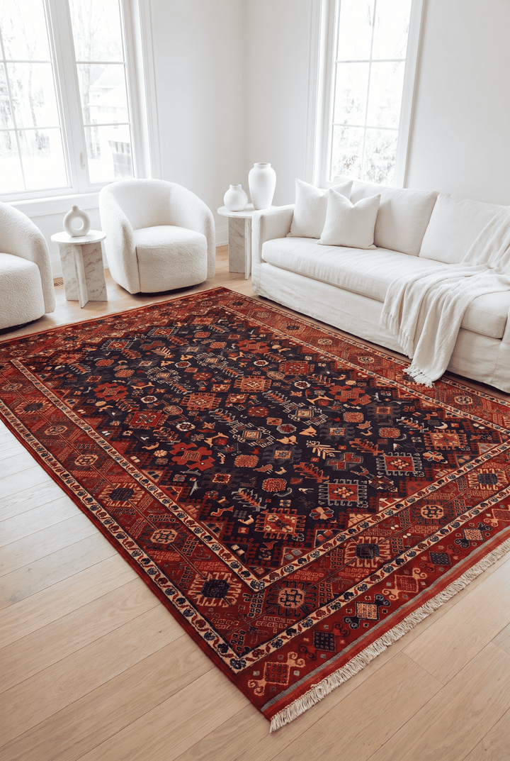 Border detail of navy and red Shemakha hand-knotted Afghan rug