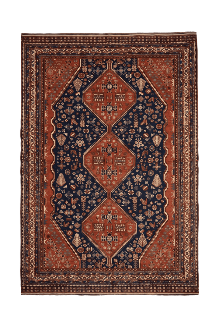 Navy and red Qashqai tribal Afghan Sherwan rug, hand-knotted wool