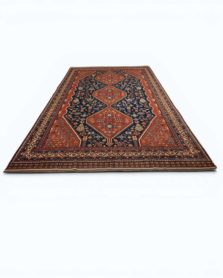 Hand-knotted wool pile of navy Qashqai Afghan Sherwan rug