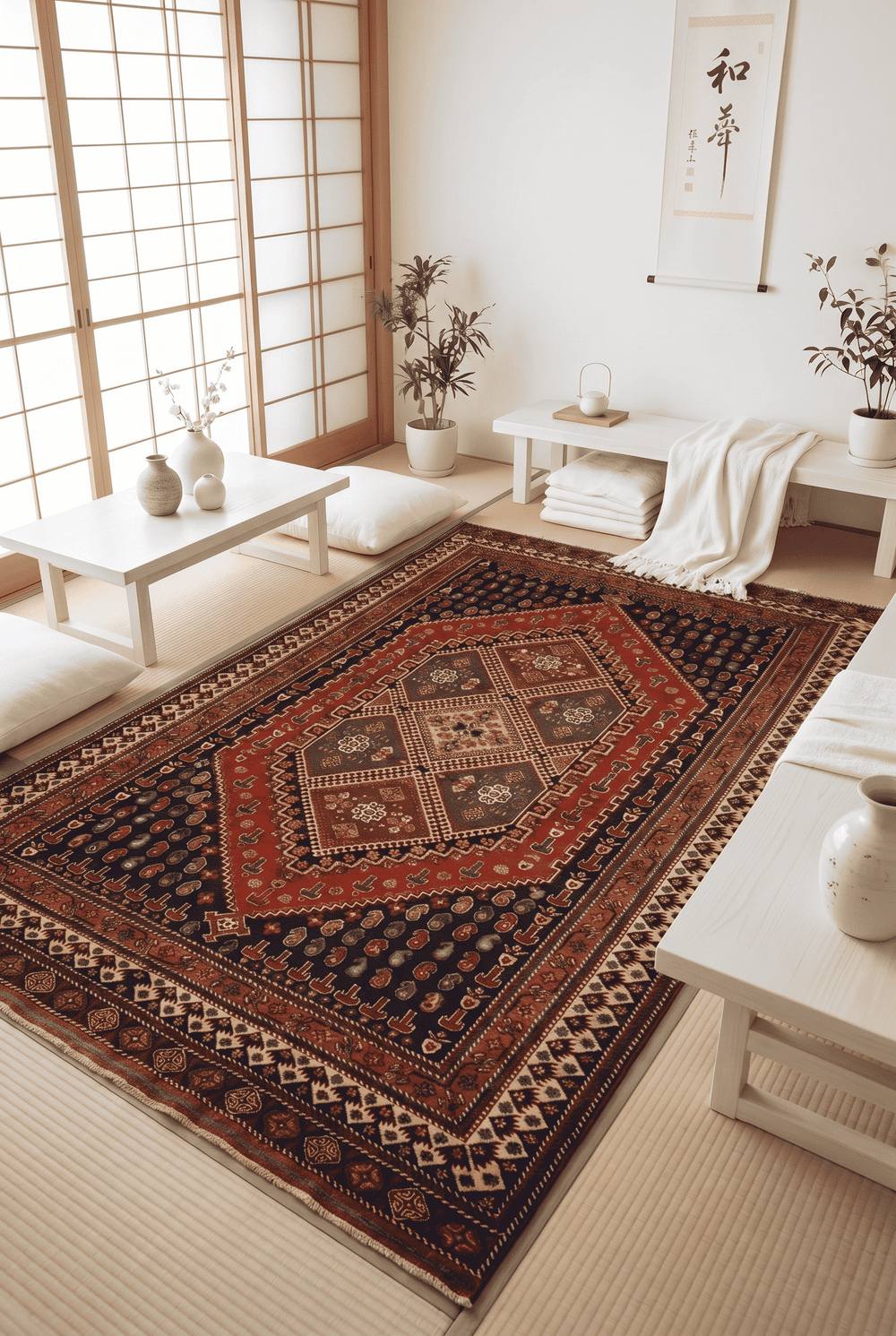 Tribal medallion design in navy and red on Afghan Sherwan rug