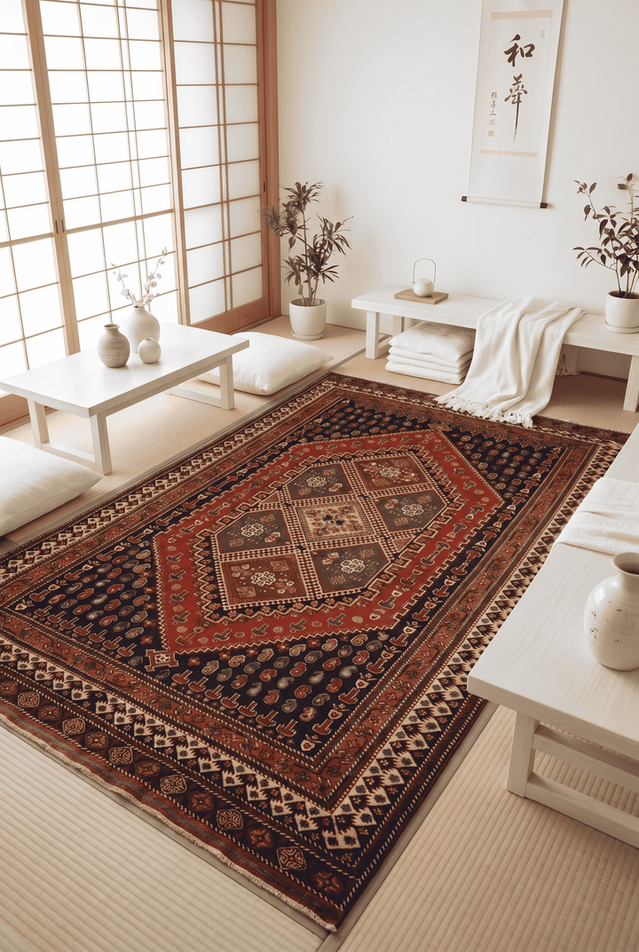 Tribal medallion design in navy and red on Afghan Sherwan rug