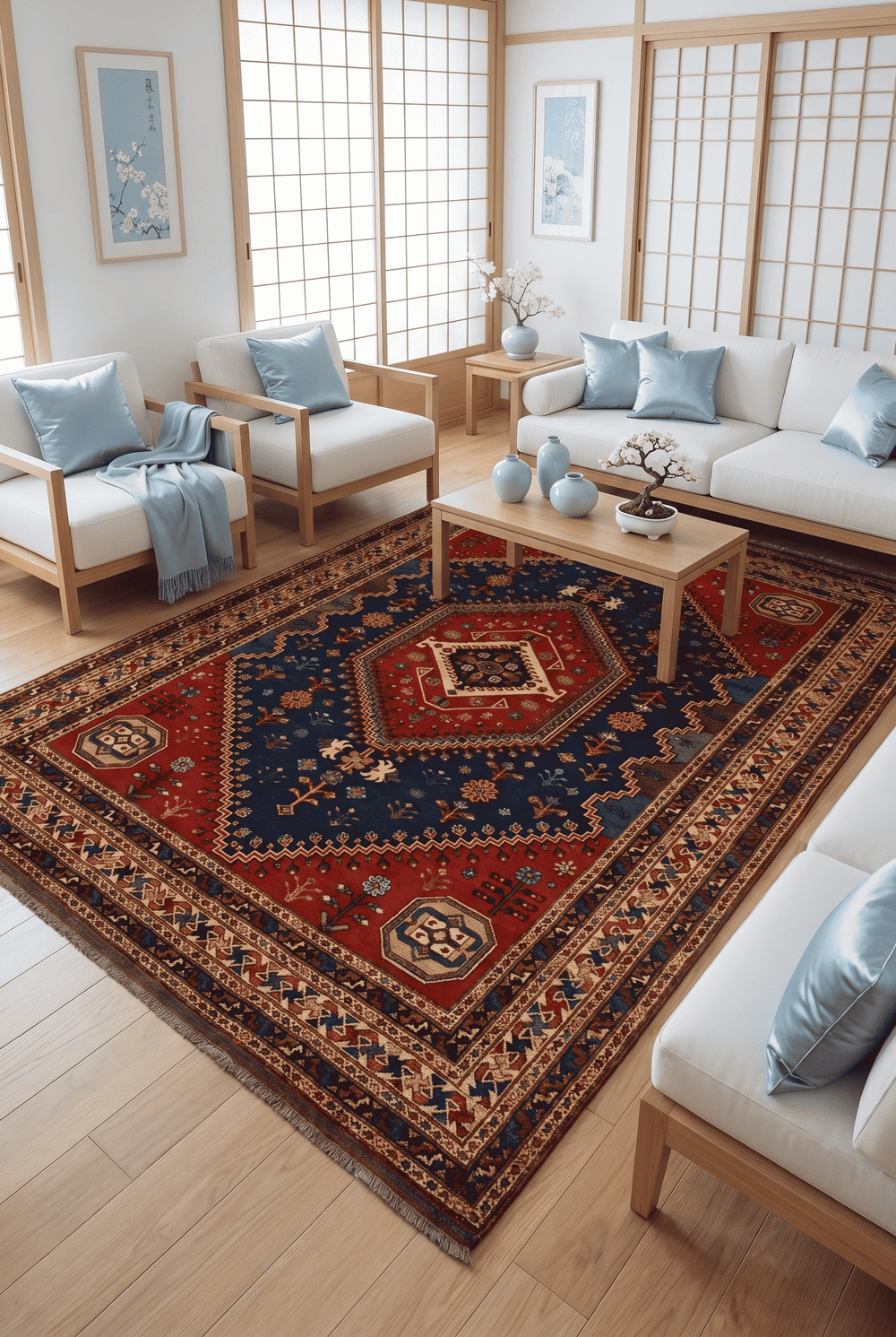 Shiraz medallion design in navy and red on Afghan Sherwan rug