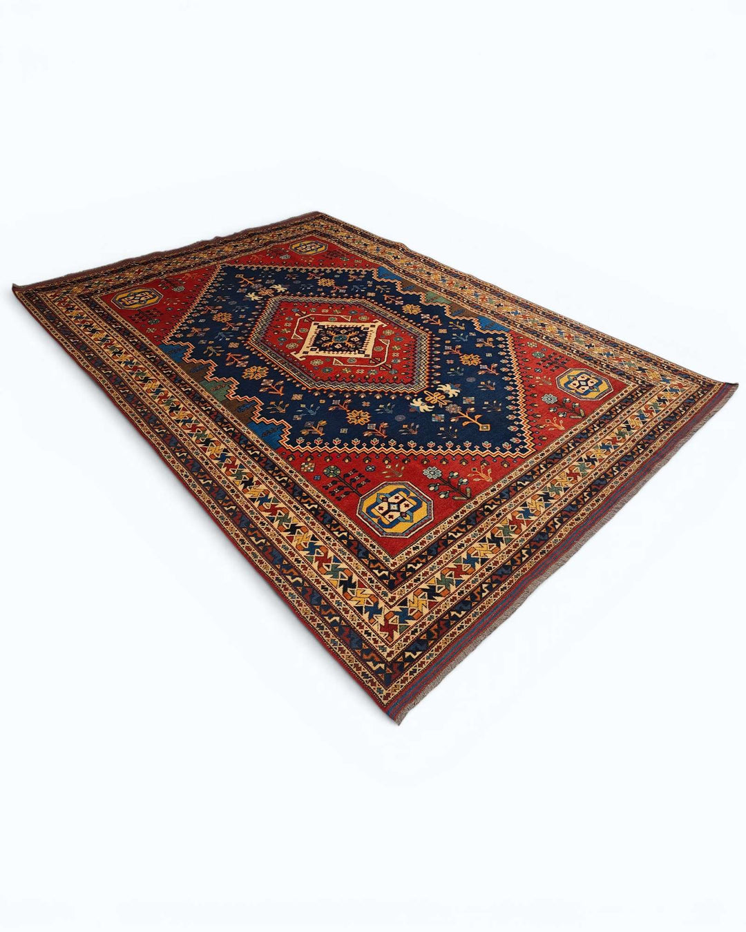 Shiraz medallion rug in navy and red, hand-knotted Afghan wool