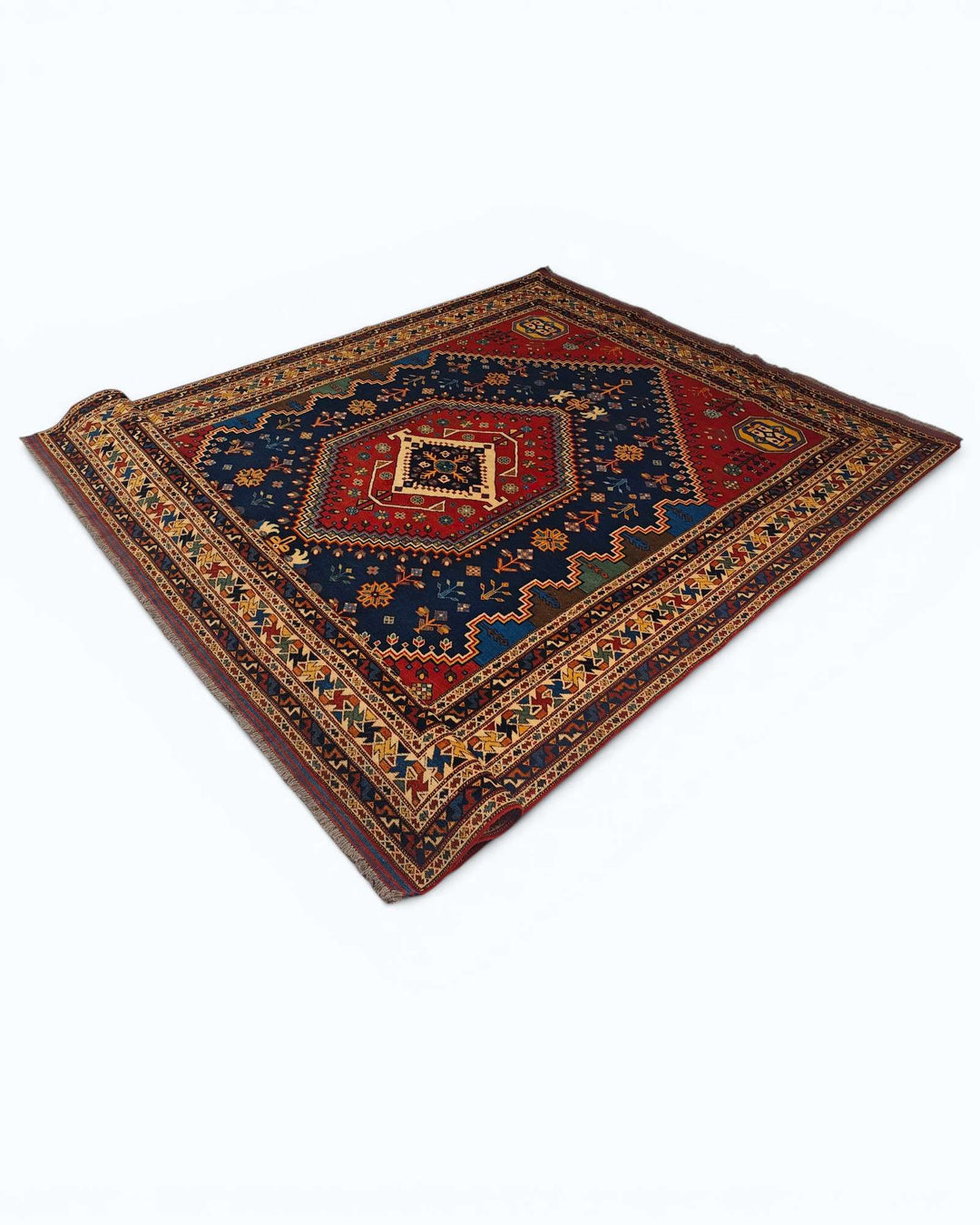 One-of-a-kind navy and red Shiraz medallion Afghan rug