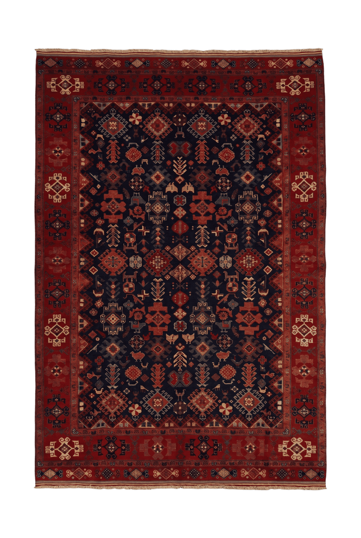 Navy and red Afshan all-over Afghan Sherwan rug, hand-knotted wool