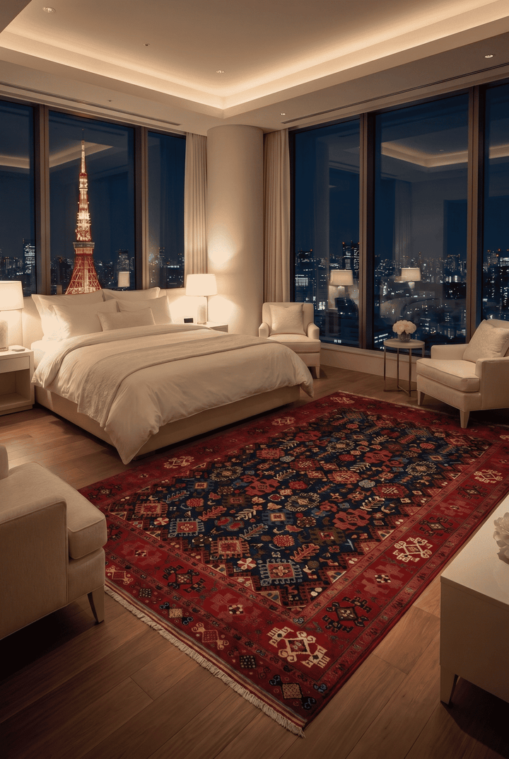 Afshan all-over design in navy and red on Afghan Sherwan rug