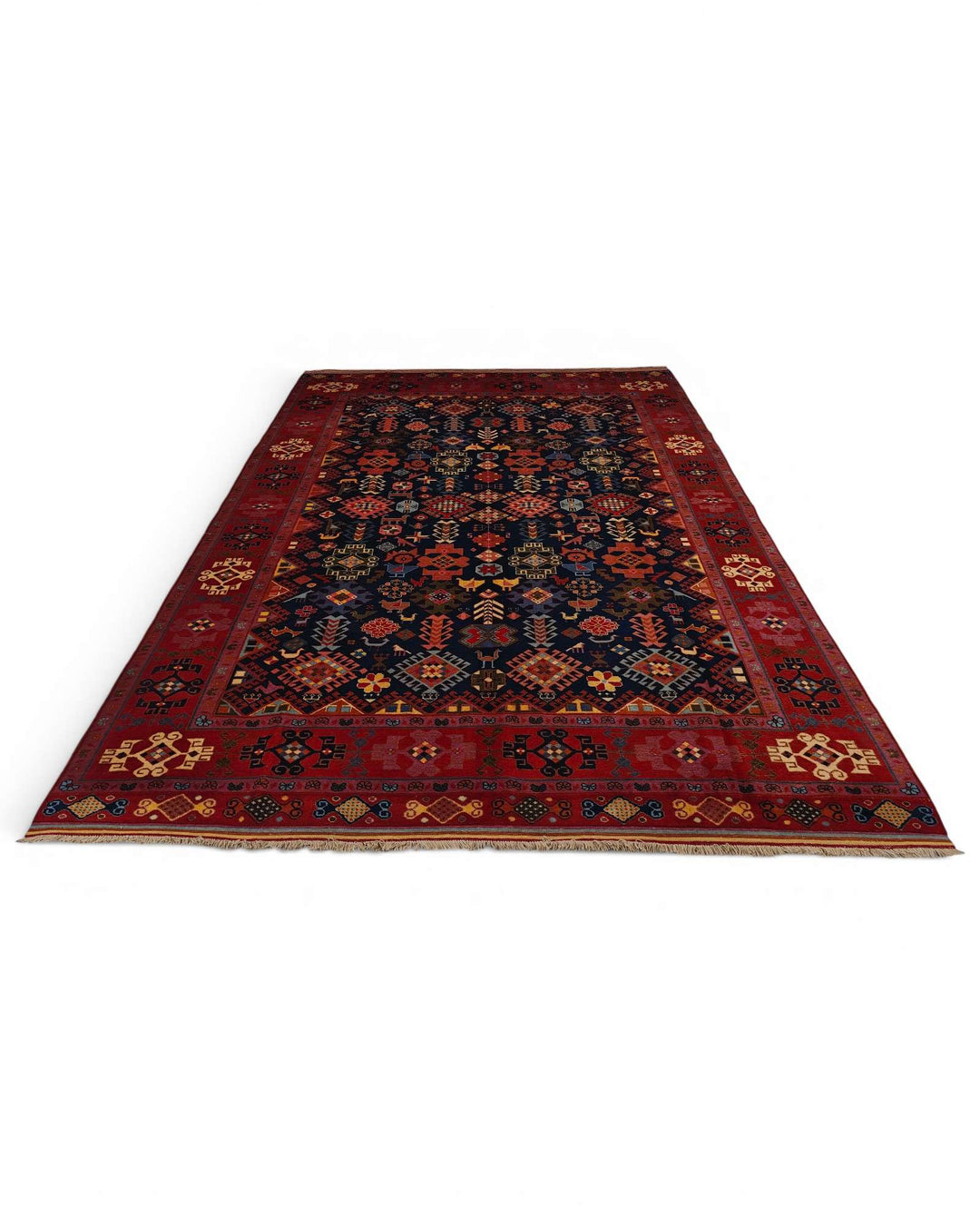 Hand-knotted wool pile of navy Afshan Afghan Sherwan rug