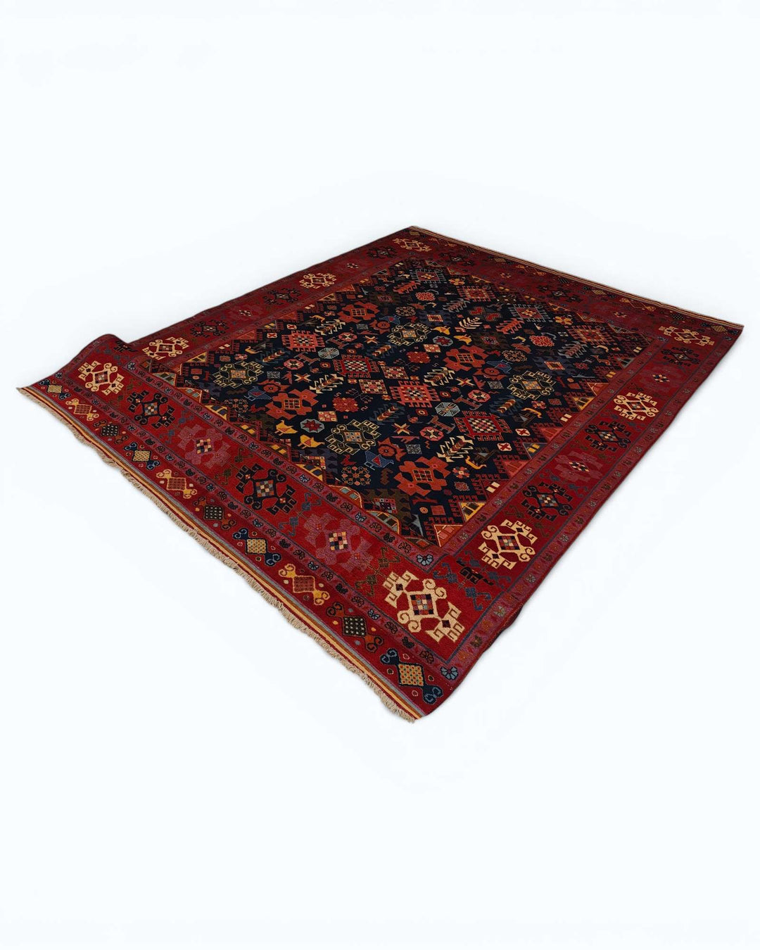 One-of-a-kind navy and red Afshan Afghan Sherwan rug