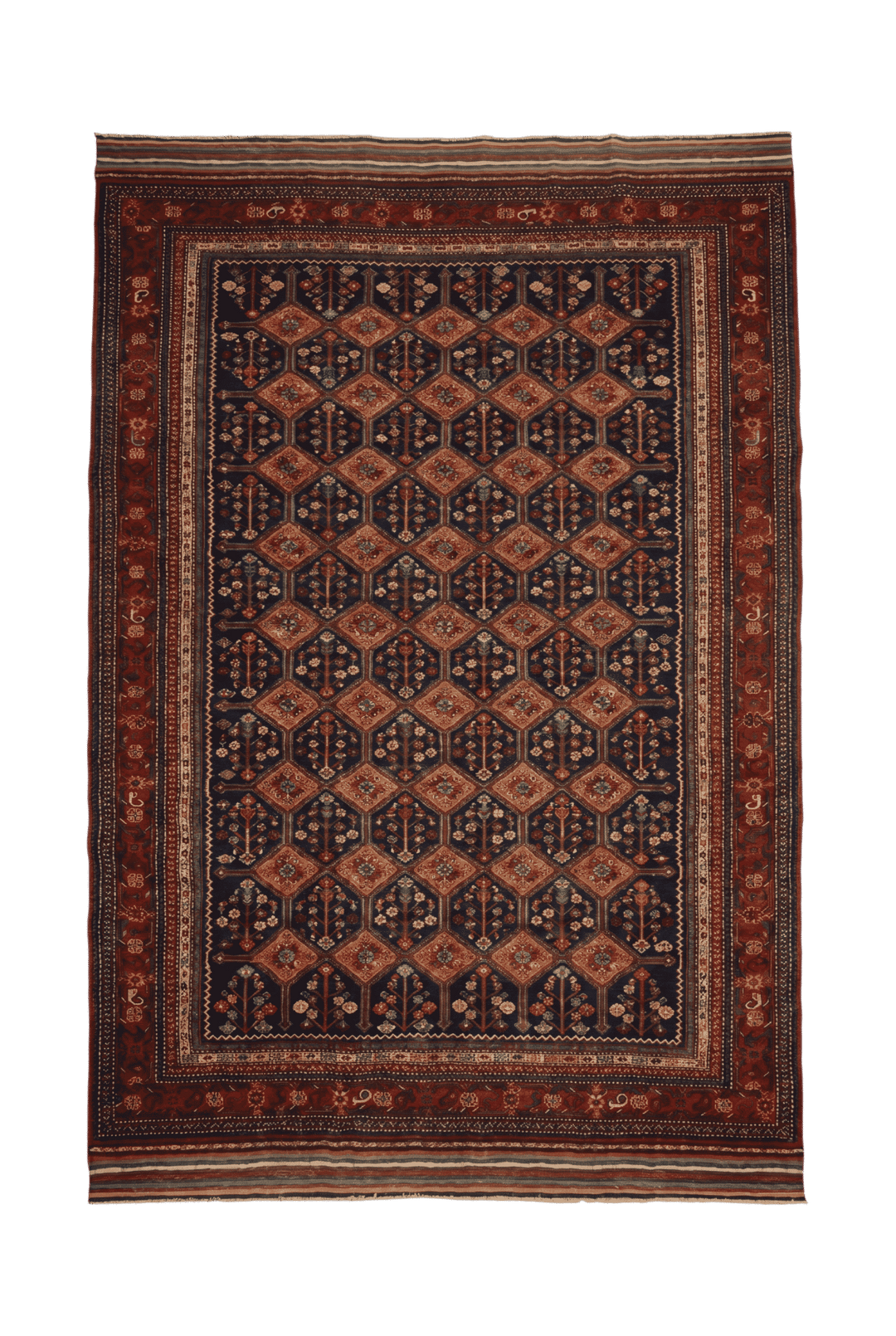 Navy and red garden lattice Afghan Sherwan rug, hand-knotted wool