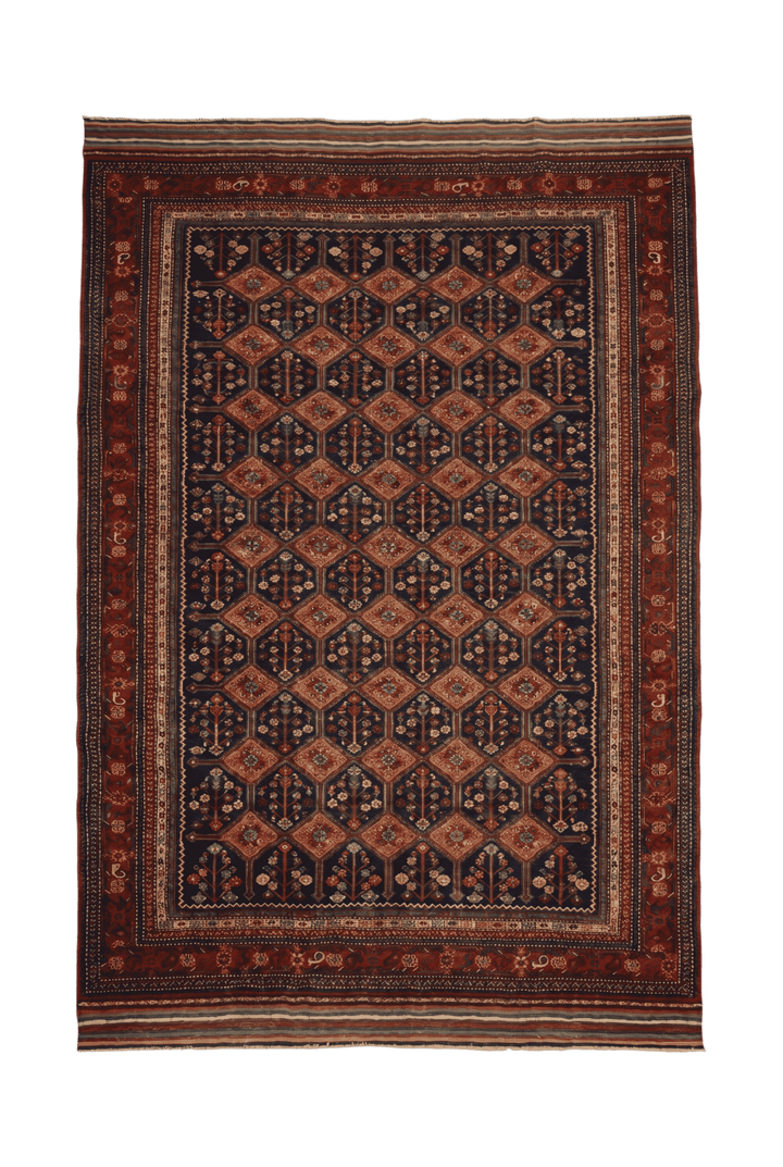 Navy and red garden lattice Afghan Sherwan rug, hand-knotted wool