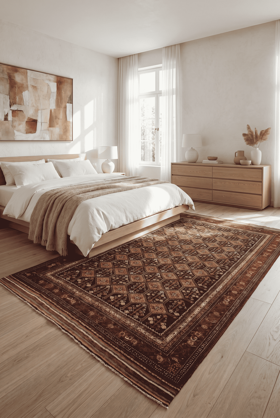Garden lattice design in navy and red on Afghan Sherwan rug