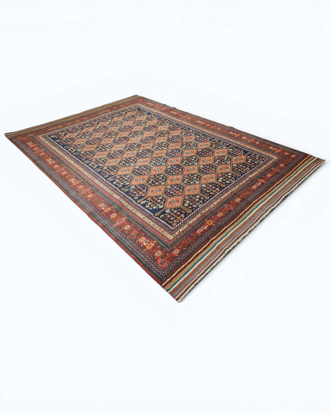 Hand-knotted wool pile of navy garden lattice Afghan rug