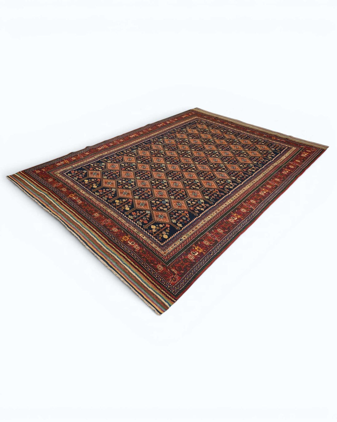 Navy red garden lattice Afghan rug, Afghanistan craftsmanship