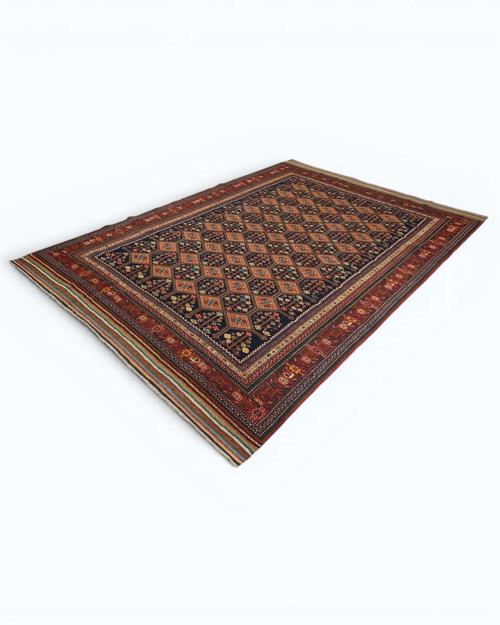 Navy red garden lattice Afghan rug, Afghanistan craftsmanship