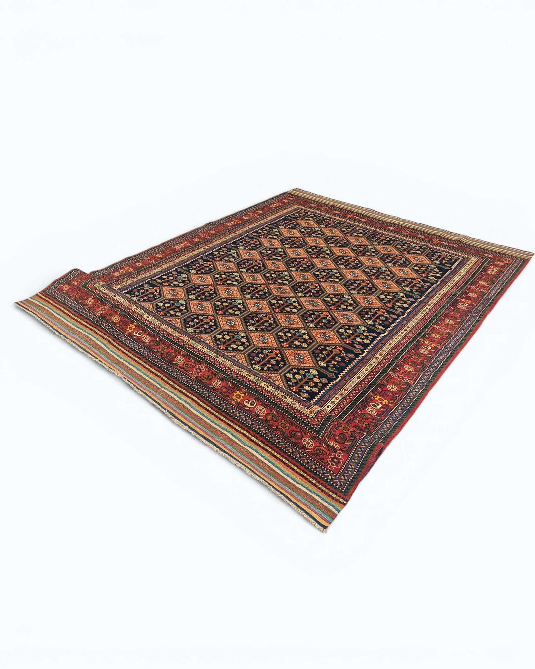 Garden lattice rug in navy and red, hand-knotted Afghan wool