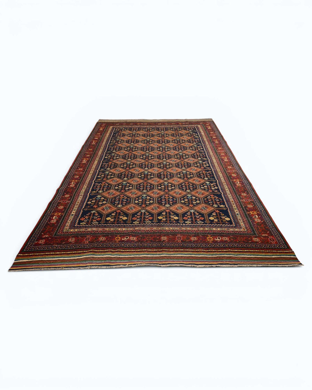 One-of-a-kind navy and red garden lattice Afghan rug