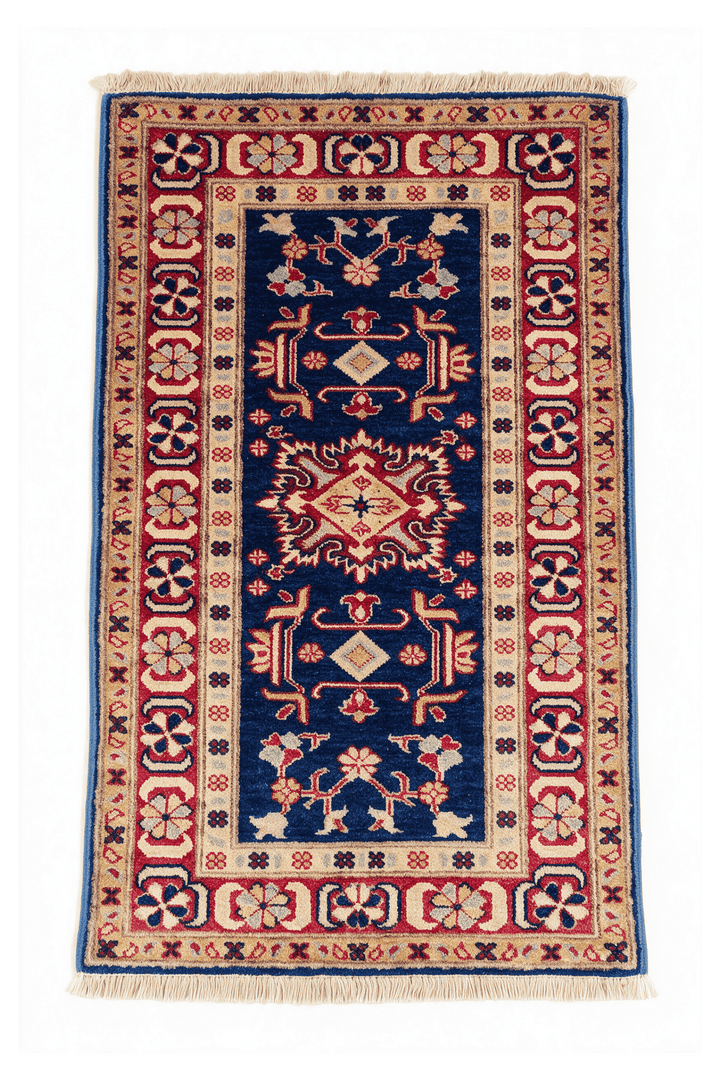 Navy and red Caucasian medallion Sherwan rug, 52×98cm, entrance mat size
