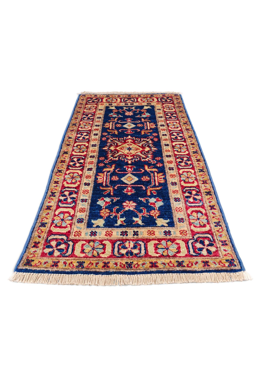 Border detail of navy and red hand-knotted Sherwan rug