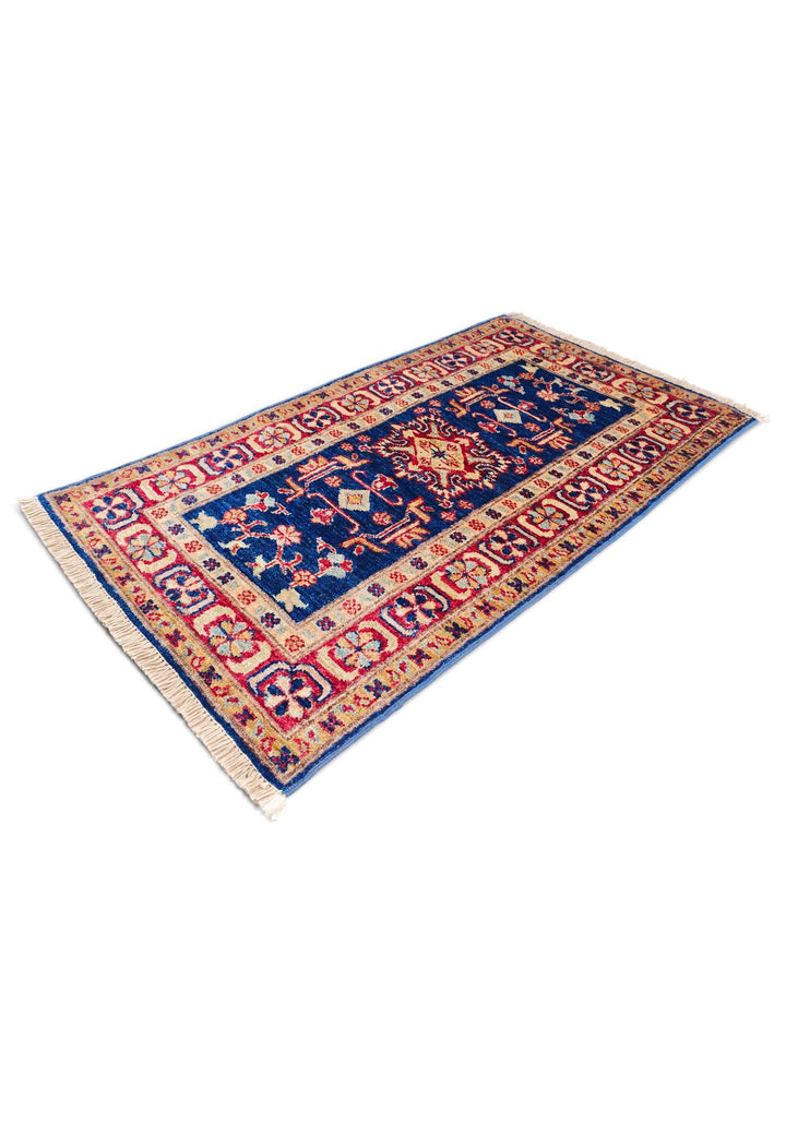 Hand-knotted wool pile of navy Caucasian rug, 52×98cm