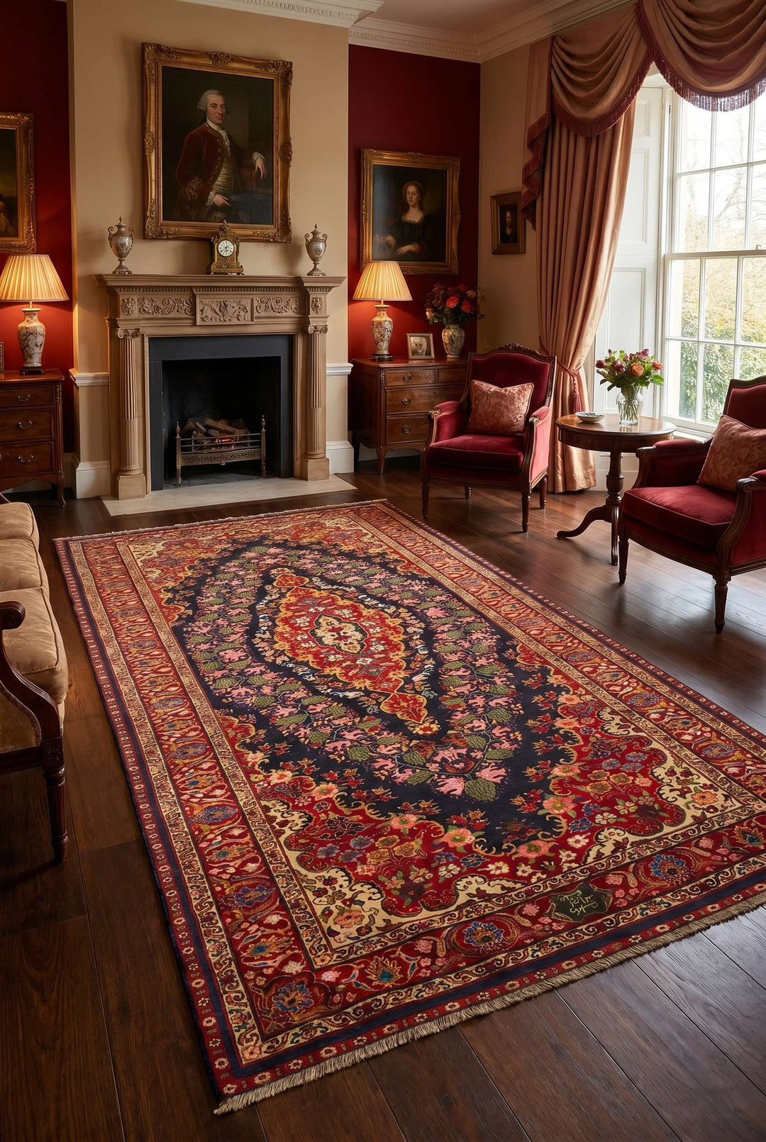 Kashan medallion design in navy and red on Afghan Sherwan rug